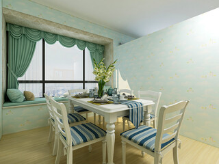 spacious dining room design next to the modern kitchen, with a beautiful dining table and greenery