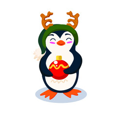 penguin with a Christmas ball and a hat with deer antlers vector illustration isolated on a white background