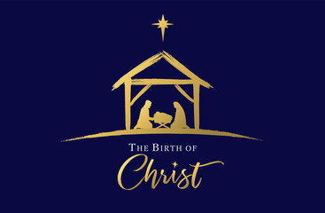 The birth of Christ, Jesus in manger and star. Holy family, baby Jesus & star of Bethlehem, Christmas golden graphics design. Vector nativity illustration Mary and Joseph in silhouette on blue