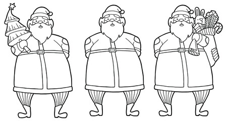 Vector illustration. Hand drawing cartoon character. Santa Claus with a Christmas tree and gifts. Christmas illustrations. Merry Christmas and Happy New Year greeting card. Coloring page.