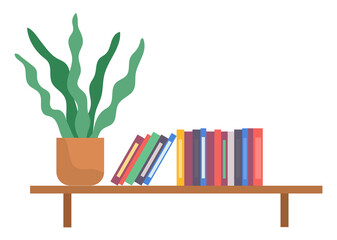 Bookshelf with books and potted plant in room interior. Home library with literature, vector illustration. Furniture and equipment for workplace. Wall shelf with colored folders on white background