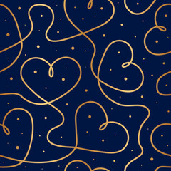 Continuous line hearts. Gold heart seamless pattern. Elegant outlined golden heart. Contemporary outline heart background for wedding design wrapping paper, gift wrappers, wallpapers, prints. Vector