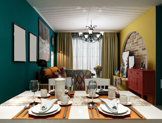 spacious dining room design next to the modern kitchen, with a beautiful dining table and greenery