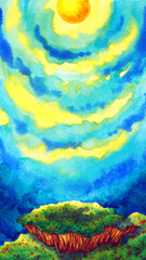 Fototapeta na wymiar full moon, sun on wave sky art abstract spiritual mind meditation watercolor painting illustration design background