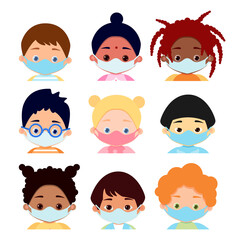Multinational cute cartoon kids wearing medical masks profile avatar icon set. Illustration isolated on white background.