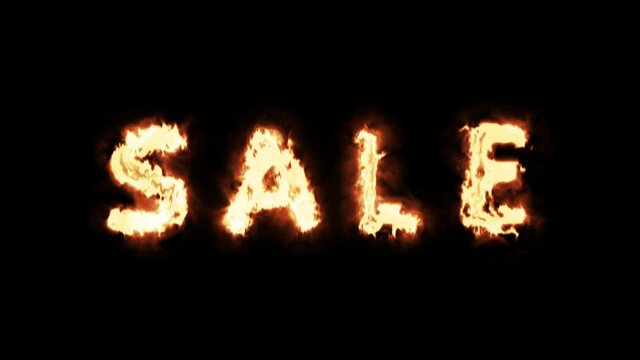 Sale animation fire discount promotion. Sale written with fire on black background. video 4k. You can overlay animation on your background or other video (in After Effects, you need to apply the