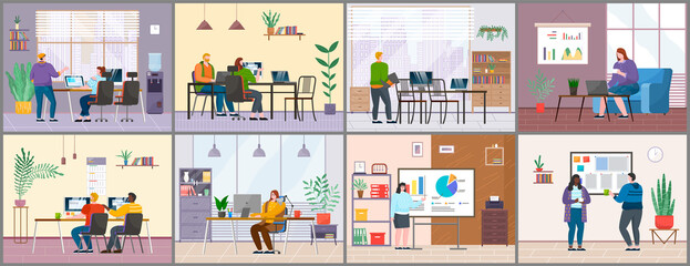 Set of office staff images. Women and men work, communicate. Make presentation, chats on coffee break. Modern interiors, tables, chairs, laptops and monoblocks, analytical data, storing folders