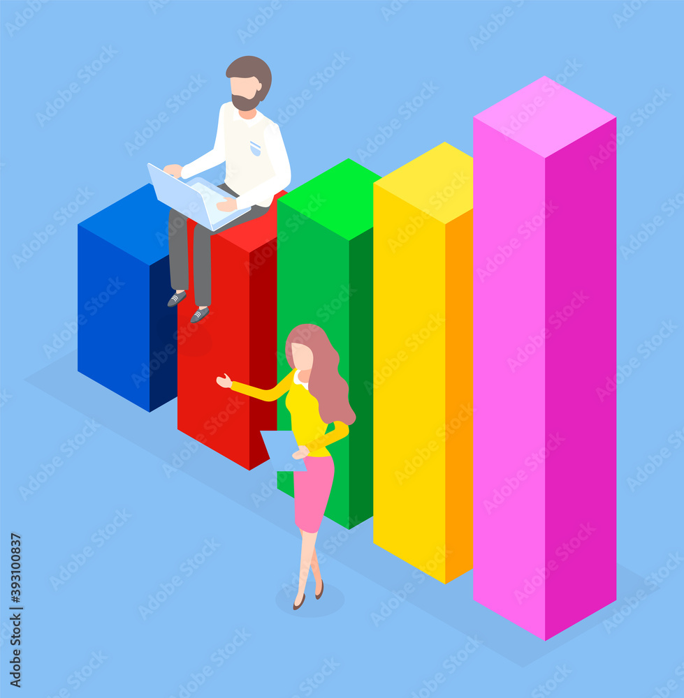 Aufkleber man and woman near diagram consisting of vertical color rectangular bar, vector illustration. step g