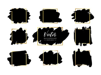 Grunge vector backgrounds set. Hand drawn brush spots with golden frames. Ink brush strokes, black paint spot textured design element, background for text with gold square border.