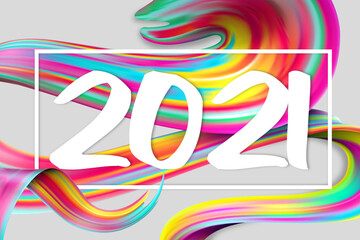 Happy New 2021 Year. Holiday wavy fluid multicolored lines and lettering on white background, horizontal flyer. Winter celebration mood, greeting card or offer in modern and stylish design.