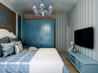 elegant and modern bedroom design, big bed with overcoat cabinet, coffee table, TV, carpet, etc., very comfortable and leisure.