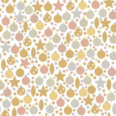 Winter seamless pattern. Gold and silver Christmas tree decorations. Stylish balls, cones and stars. Symbols of New Year and Christmas, home decorations. For packaging paper, covers, fabrics.