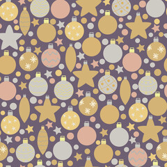 Winter seamless pattern. Gold and silver Christmas tree decorations. Stylish balls, cones and stars. Symbols of New Year and Christmas, home decorations. For packaging paper, covers, fabrics.