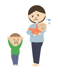 二人育児が大変な女性のイラスト