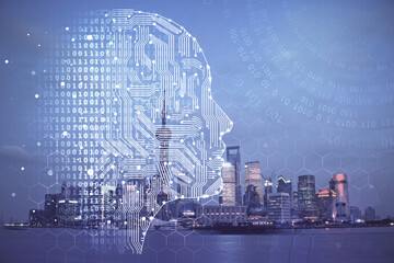 Fototapeta na wymiar Brain hologram drawing on city scape background Double exposure. Brainstorming concept.