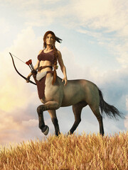 A female centaur, half horse half woman, known as a centauride stands on a grassy hill staring in your direction. With bow in hand she is a depiction of Sagittarius. 3d Rendering - obrazy, fototapety, plakaty