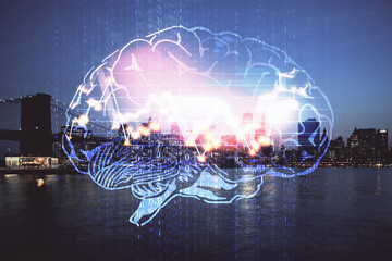 Brain hologram drawing on city scape background Double exposure. Brainstorming concept.