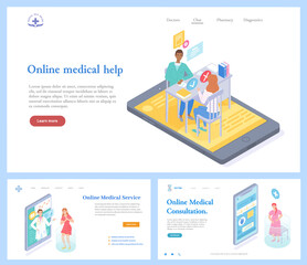 Medical website template. Online medical assistance, consultation, service. Doctor talks to patient online, therapist talks to concerned girl remotely, pregnant woman consults doctor via smartphone