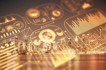 Double exposure of technology theme hologram and cityscape background. Concept of Hightech.