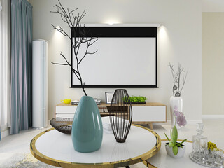 spacious living room design of modern residence, with sofa, tea table, decorative painting,