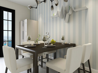 spacious dining room design next to the modern kitchen, with a beautiful dining table and greenery
