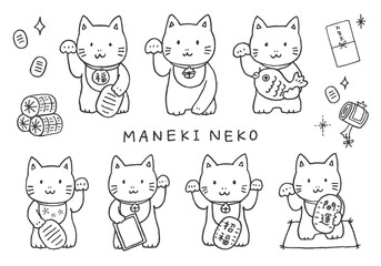 手描きの招き猫のイラストセット（モノクロ）