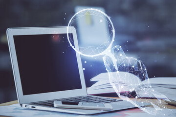 Obraz premium Desktop computer background in office and start up theme hologram drawing. Double exposure. Startup concept.