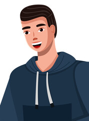 Cartoon illustration of a handsome young man with broad smile wearing blue hoodie. Dark-haired smiling man isolated on white background. Male character surprised, eyes wide open, says something