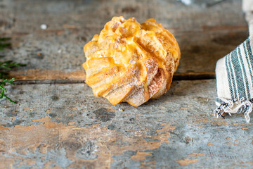 choux pastry creamy filling mascarpone, vanilla cream home baked cake profiteroles eclairshu sweet dessert on the table serving healthy meal snack ingredient top view copy space for text food 