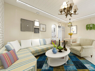 spacious living room design of modern residence, with sofa, tea table, decorative painting, etc