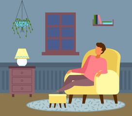 The night outside the window, man dozes off. Relaxing at home. Cozy living room interior, oval fleecy rug, armchair, bedside table with a cute yellow floor lamp, hanging home plant. Flat illustration