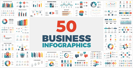 Fototapeta na wymiar 50 Business Infographics for your next presentation. Special Offer - my best financial info graphic templates with tons of charts, diagrams, reports and other elements.
