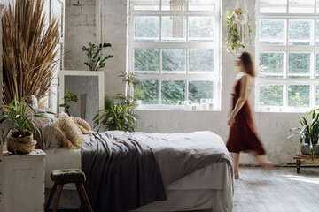 Cozy and comfortable room with interior in bohemian style