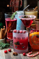 A close up of a selection of Christmas cocktails ready for drinking.