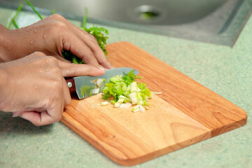 Cutting Coriander and spring onions are used for decorating Thai food.