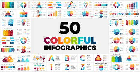Fototapeta na wymiar 50 Colorful Infographic templates for your presentation. Includes tons of multipurpose color info graphic elements. Perfect for any industry from marketing or startup business to medicine and