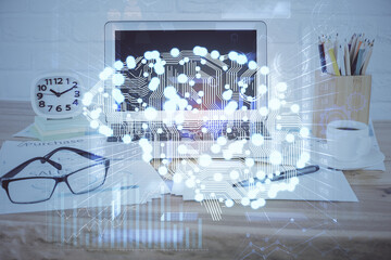 Double exposure of desktop with computer and brain drawing hologram. Artificial intelligence...