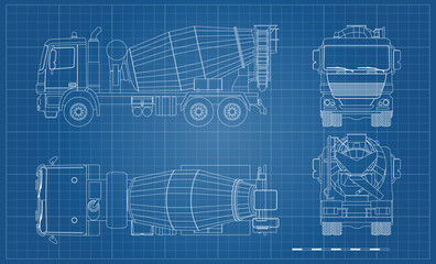 Outline concrete mixer truck. Side, top, front and back views. Lorry blueprint. Industrial drawing. Construction vehicle for build