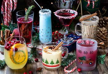 An assortment of Christmas cocktails ready for drinking.