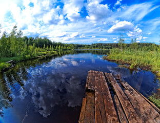 blue lake and wooden bridge