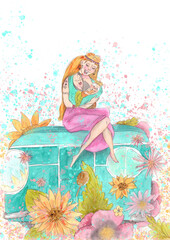 Watercolor drawing. Hippie girl with flowers and a child. Format 3468x4884, 300 dpi