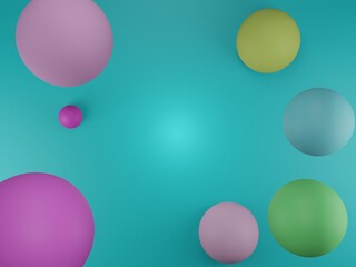 Abstract background with dynamic 3d spheres floating in space as 3d render, Modern trendy banner or poster design dimensional geometric shapes