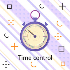 Time control banner with watch. Alarm clock fast speed quick time vector icon flat business illustration. Simple classic lilac round clock on white striped background with colorful geometric elements
