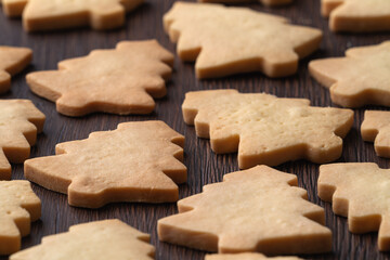 Close up of plain gingerbread Christmas tree cookie on wooden background.