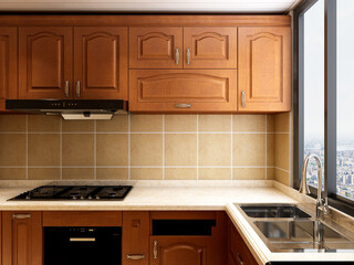 Fototapeta premium Modern family kitchen design, new cabinets and kitchenware with refrigerators, sunlight from the window.