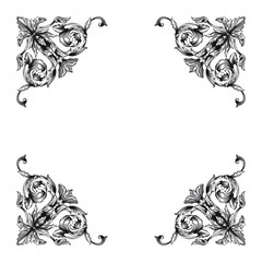 frame vintage or retro border ornament with baroque style like engraving on classical decor for greeting card and wedding invitation and menu for restaurant.  The foliage swirl victorian or damask.