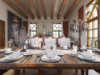 spacious dining room design next to the modern kitchen, with a beautiful dining table and greenery
