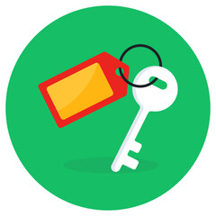 
Flat rounded icon of a room key, keyring attached to key
