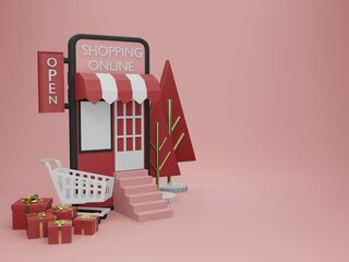 3d rendering christmas mobile phone mockup for product placement on copyspace, 3d mockup with front of  the shop on mobile online shopping