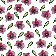 watercolor pattern of orchids and leaves on a white backgroundThe pattern of pink orchids with green leaves can be used in textiles, for notebooks, various backgrounds, packages, and postcards.